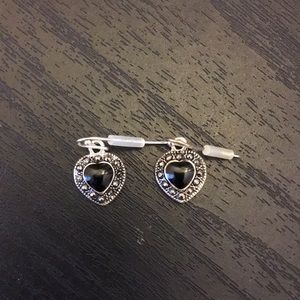 Stainless Steel Black Rhinestone Heart Earrings